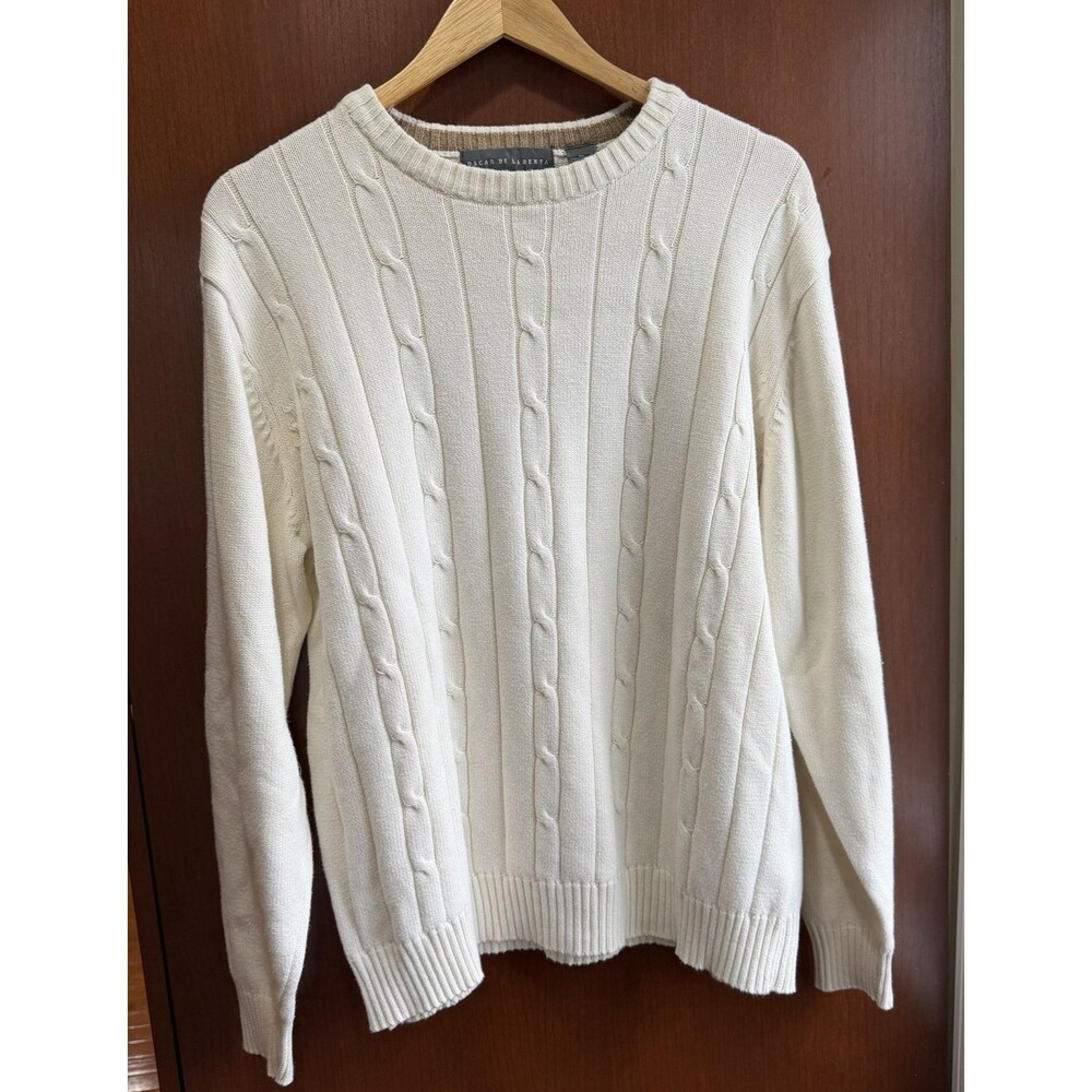 Oscar De La Renta Cable Knit Luxury Pullover Cream Sweater 100% Cotton Preppy